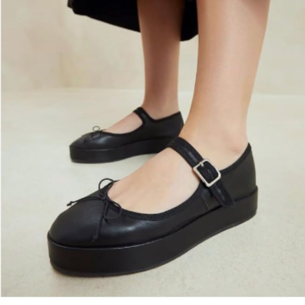 miss left Black Platform Heel Round Toe Mary Jane Bows Strap Buckle Pump